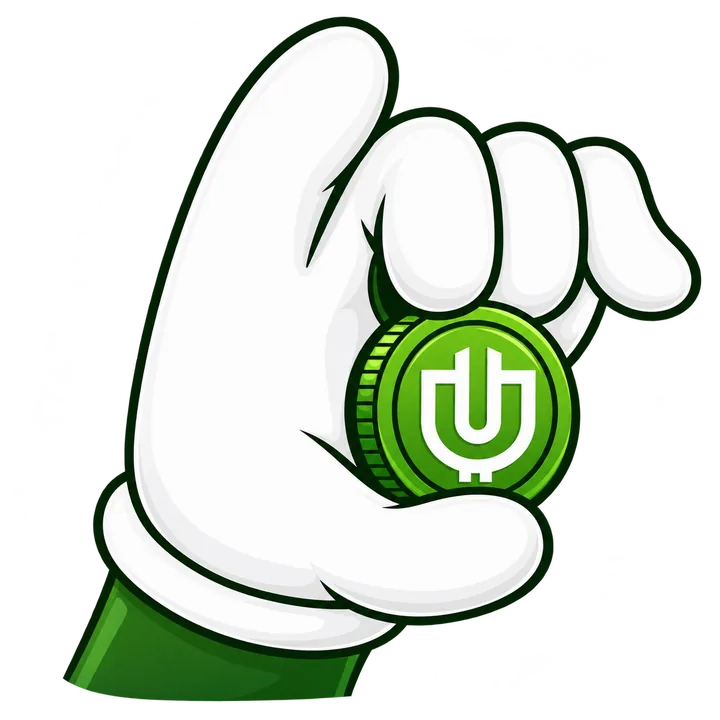 A white cartoon glove holding up a green USEFUL coin.