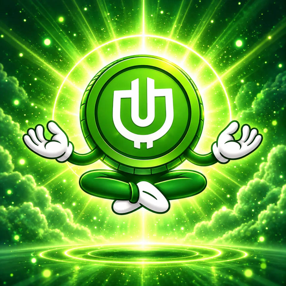 The USEFUL coin mascot sitting in a calm meditation pose, glowing green.